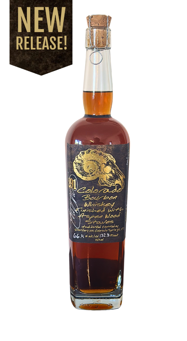 291 Ram Skull Colorado Bourbon Whiskey, hand distilled and finished with Aspen Wood Staves. 